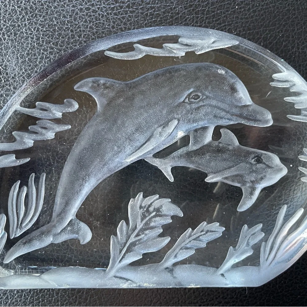Vintage Sarmis Royal CrownRomanian Crystal Dolphin art glass Paperweight Romania
